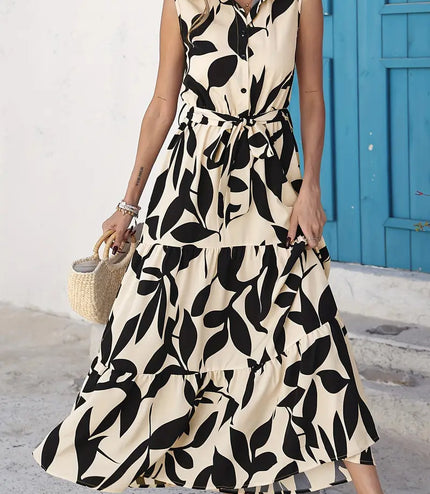 Elegant Sleeveless Printed Shirt Dress Ruffled Hem