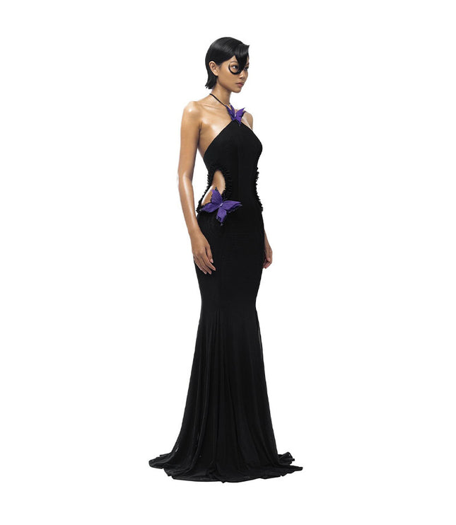 Off-shoulder Halter Butterfly Decoration Slim Fit Holiday Dress Women