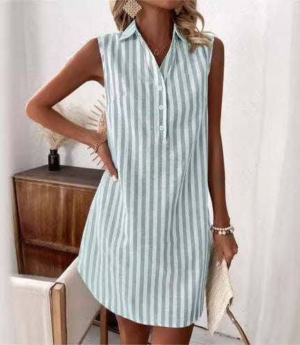 Loose Sleeveless V-neck Buttons Striped Shirt Dress