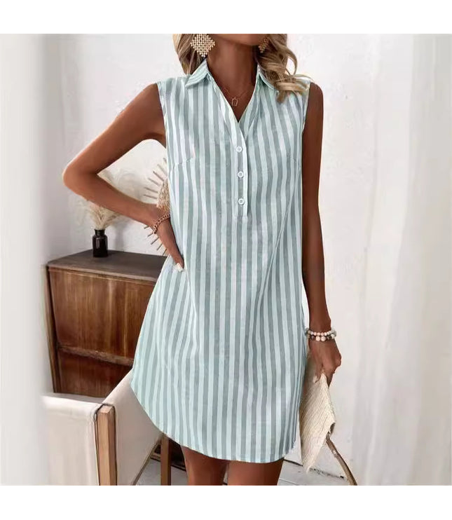 Loose Sleeveless V-neck Buttons Striped Shirt Dress