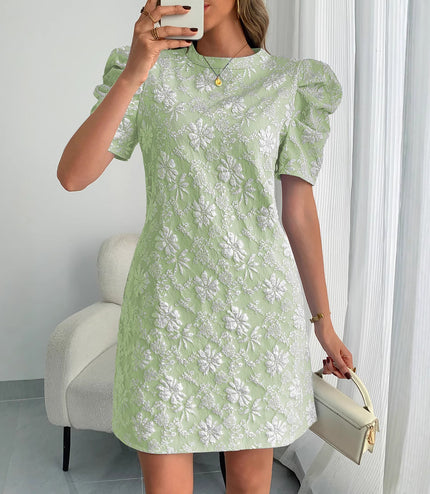 European And American Ladies Puff Sleeve Texture Jacquard Round Neck Retro Style Dress
