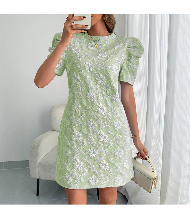 European And American Ladies Puff Sleeve Texture Jacquard Round Neck Retro Style Dress