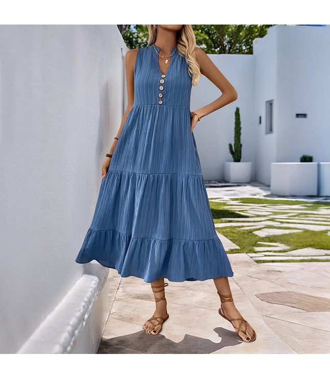Pleated Solid Color Stand Collar Sleeveless Dress
