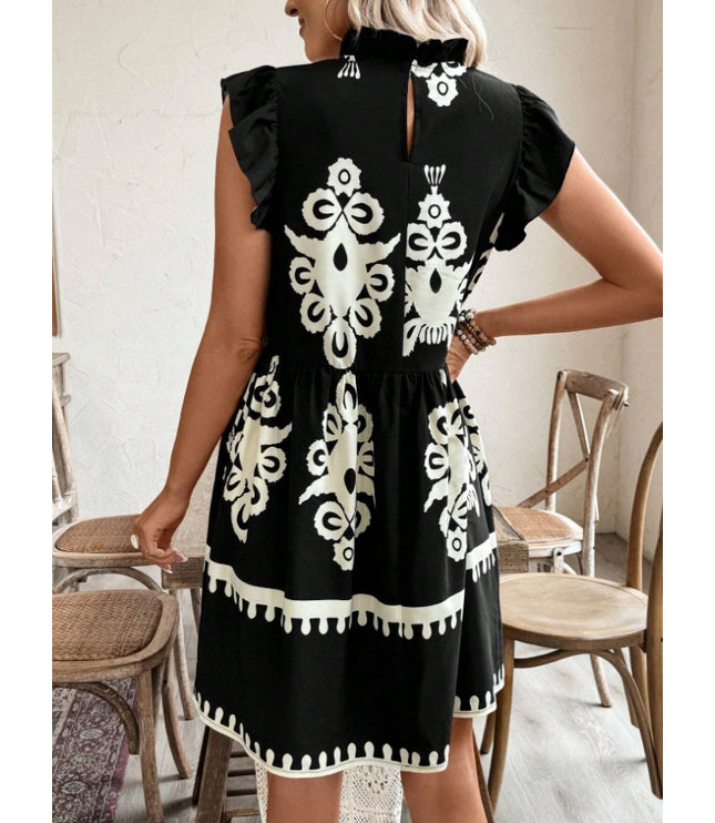 Holidaya Printed Ruffle Collar Flare Sleeve Loose Cake Dress