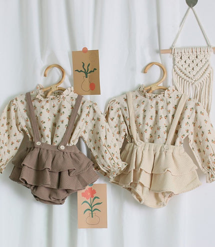 Baby Girl Clothes Spring Summer Linen Cotton Girls Floral Pullover Top Shirt Vintage Suspender Romper Dress Newborn Baby Outfits