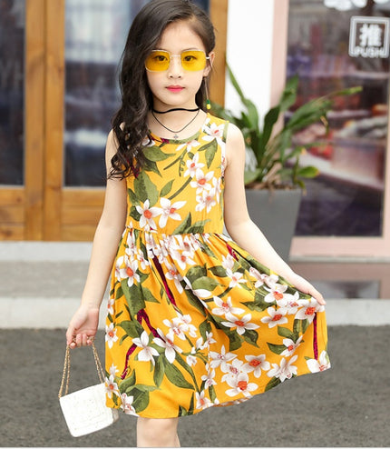 Summer version of the big children's cotton silk dress girl floral dress skirt skirt children's beach skirt