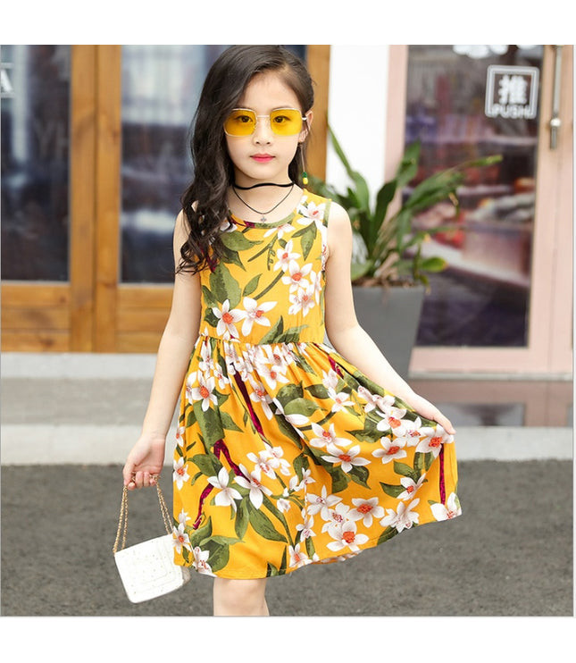 Summer version of the big children's cotton silk dress girl floral dress skirt skirt children's beach skirt