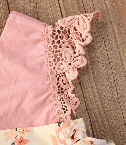 Girl Princess Clothes Baby Romper Girls Floral Lace V Neck Sleeveless  Jumpsuit Newborn Headband Kid Outfits Summer Clothing
