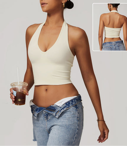 Women's Halter Cropped Top Beauty Back Yoga Bra Seamless Fitness Sports Vest