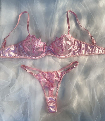 Lace Embroidery Mesh See-through Sexy Lingerie Set