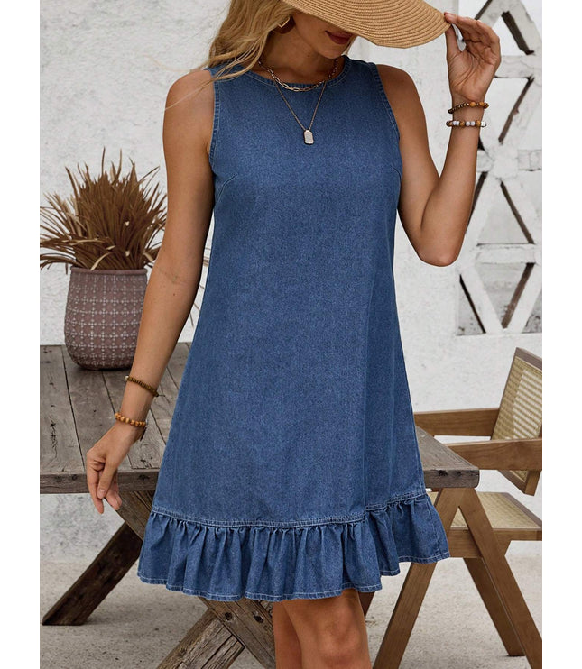 Button Back Ruffle Hem Denim Dress
