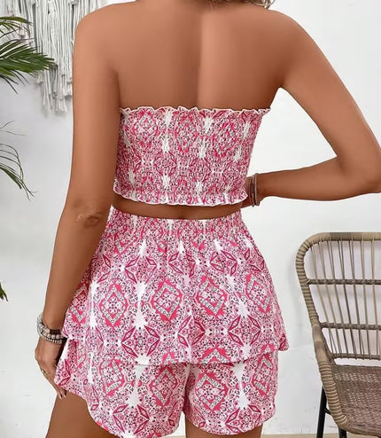 2pcs Women Holiday Floral Print Multi-Layer Ruffle Hem Set