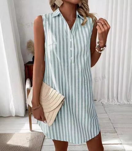 Loose Sleeveless V-neck Buttons Striped Shirt Dress