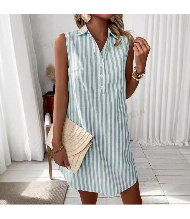 Loose Sleeveless V-neck Buttons Striped Shirt Dress