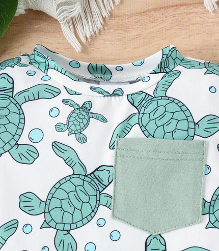 Summer Children's Turtle Shark Print Short Sleeve Suit
