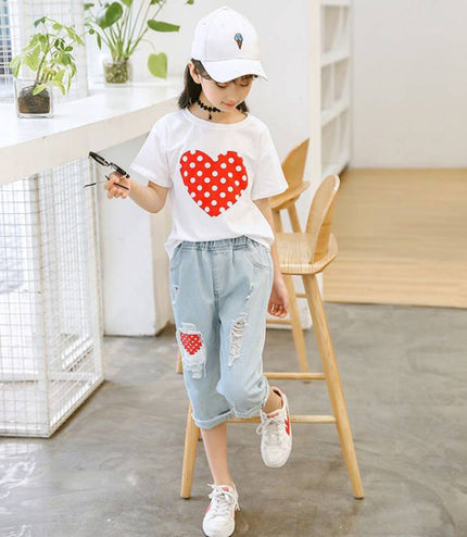 Girls White T-shirt Ripped Jeans Kids Suit