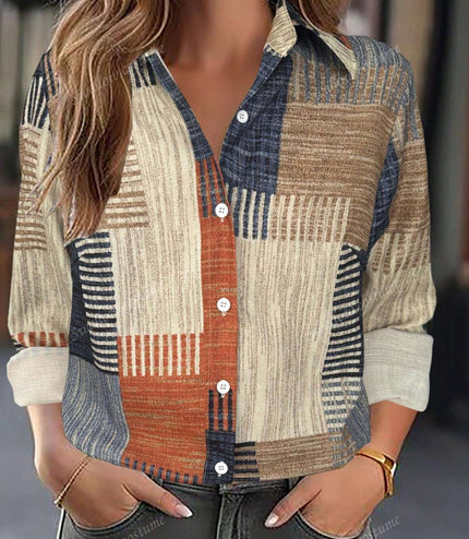 Color Block Button Print Long Sleeve Casual Retro Shirt