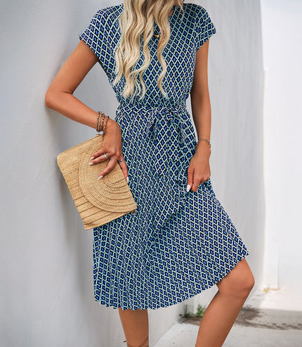European And American Lace-up Flying Sleeves Printed Round Neck Dress