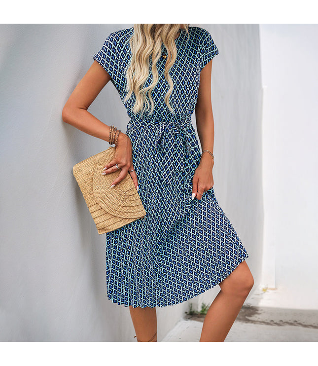 European And American Lace-up Flying Sleeves Printed Round Neck Dress