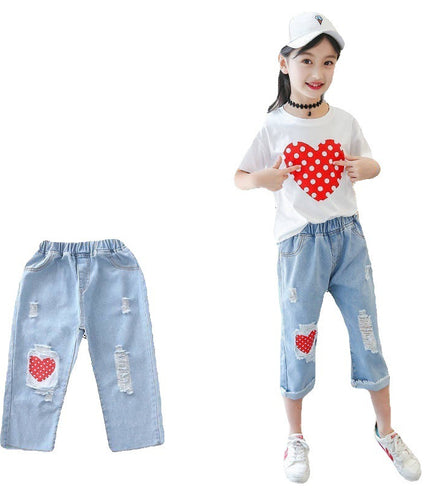 Girls White T-shirt Ripped Jeans Kids Suit