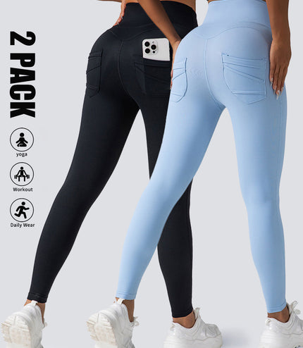 2 Pack High Waist Yoga Pants With Pockets, Tummy Control Workout Running Yoga Leggings For Women