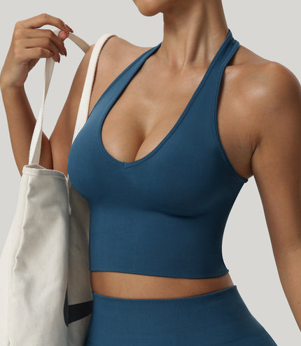 Women's Halter Cropped Top Beauty Back Yoga Bra Seamless Fitness Sports Vest