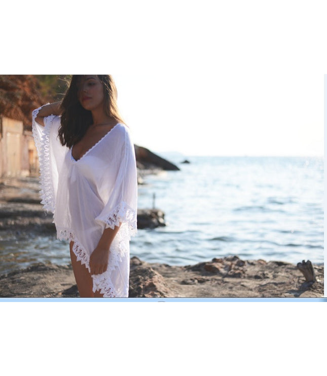 Fashion Solid Color Beach Bikini Lace White Blouse