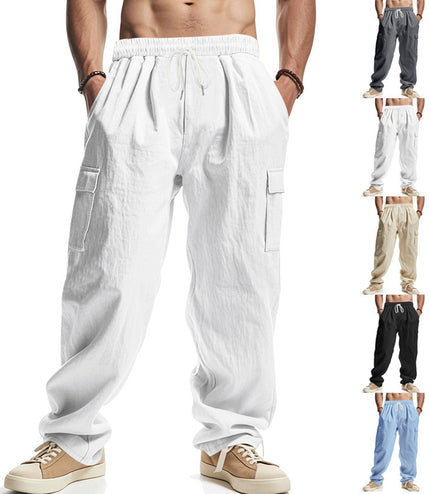 Men's Workwear Multi-pocket Straight Linen Pants Linen Four Seasons Thin Breathable Cargo Pants, Multi-pocket Loose Casual Trendy Wide-leg Pants