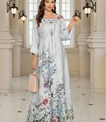 Elegant Floral Print Long Sleeve Abaya Dress