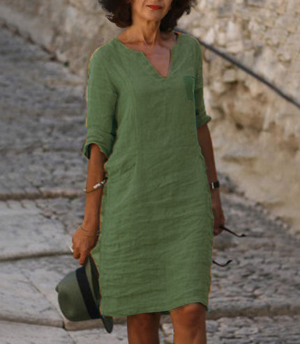 European And American Style With Pockets Spring And Summer Wash Wrinkle Small V-neck Dress
