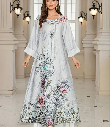 Elegant Floral Print Long Sleeve Abaya Dress