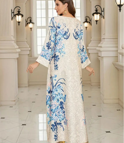 Elegant Floral Print Long Sleeve Abaya Dress