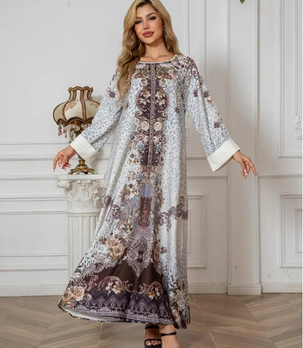 Elegant Floral Print Long Sleeve Abaya Dress