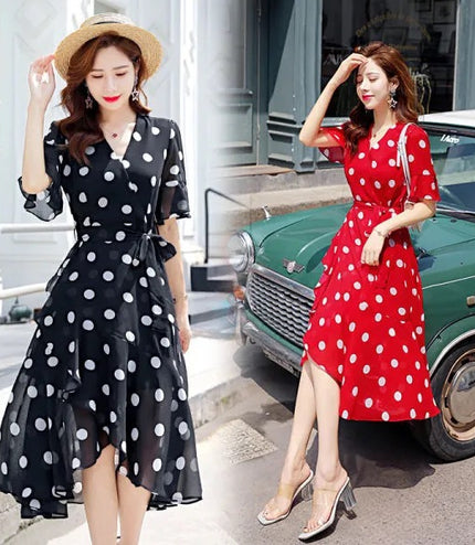 Design Sense Niche Short Sleeve Polka Dot Skirt Dot Red