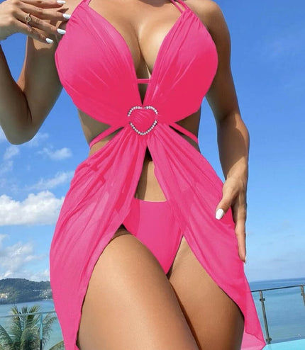 3pcs Halter Neck Bikini Beach Summer Solid Color Split Swimsuit Womens Clothing