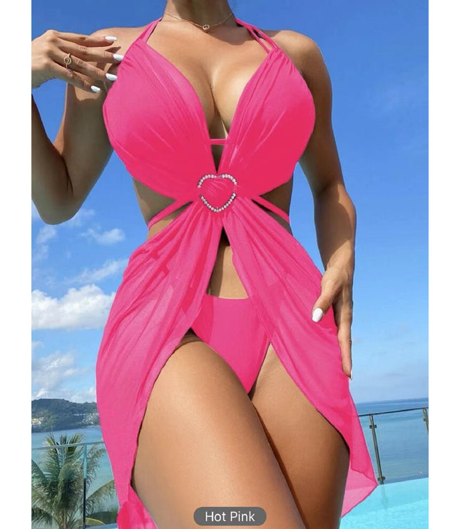 3pcs Halter Neck Bikini Beach Summer Solid Color Split Swimsuit Womens Clothing