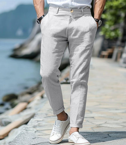 Men's Linen Summer Button Front Slant Pocket Straight-leg Trousers