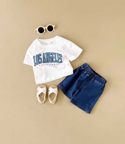 Summer Baby Letter Print Short-sleeve Top Denim Shorts Suit