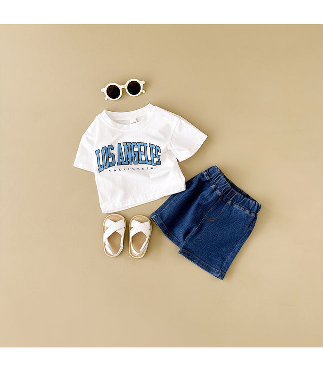 Summer Baby Letter Print Short-sleeve Top Denim Shorts Suit