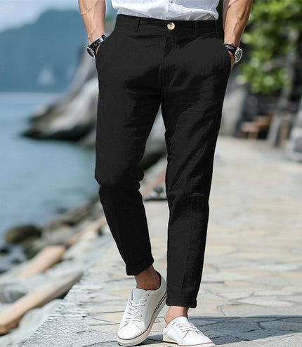 Men's Linen Summer Button Front Slant Pocket Straight-leg Trousers