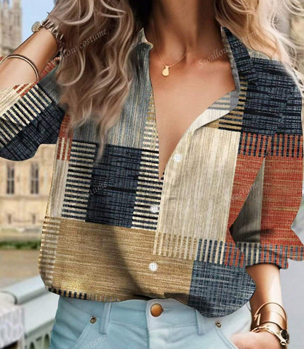 Color Block Button Print Long Sleeve Casual Retro Shirt