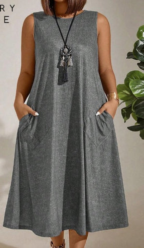 Plus Size Sleeveless Round Neck Solid Color Dress With Pockets, Summer Maxi Women Outfit