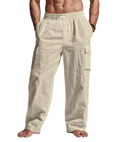 Men's Workwear Multi-pocket Straight Linen Pants Linen Four Seasons Thin Breathable Cargo Pants, Multi-pocket Loose Casual Trendy Wide-leg Pants