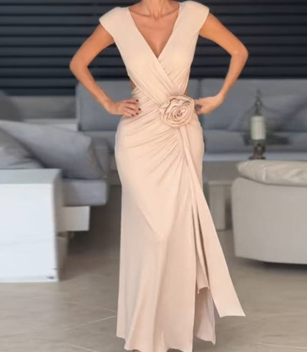 European And American Solid Color Sleeveless V-neck Cross Stretch Dress