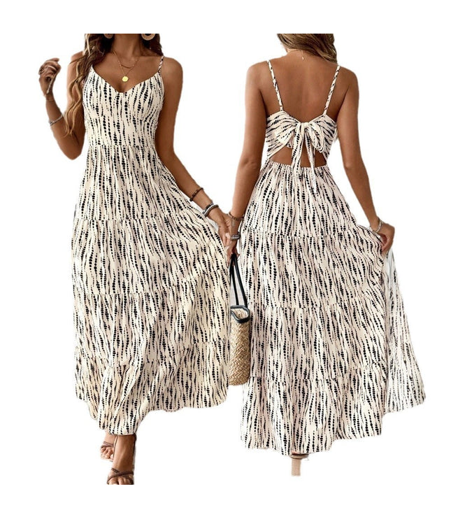 European And American Vacation Style Sling Dress Irregular Stripe Design