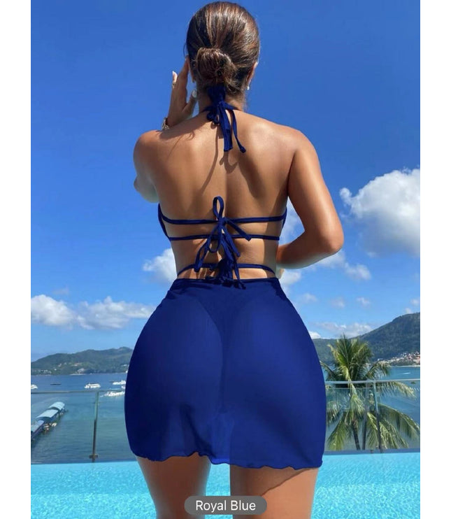 3pcs Halter Neck Bikini Beach Summer Solid Color Split Swimsuit Womens Clothing