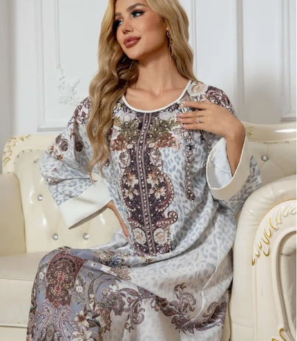 Elegant Floral Print Long Sleeve Abaya Dress