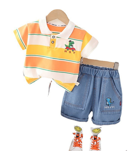 Boys' Polo Collar Stripes Short-sleeved Shorts Suit