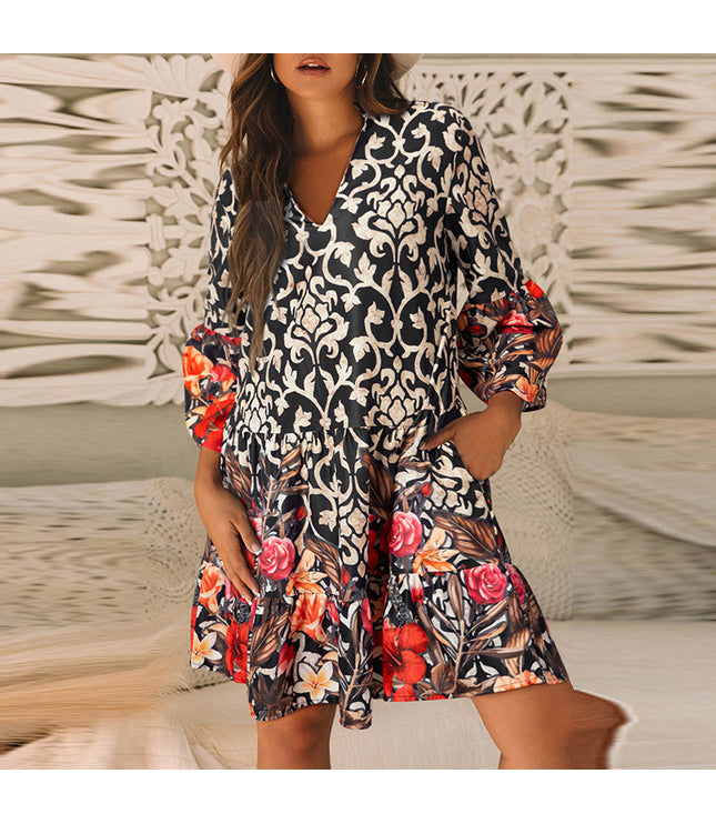 European And American Retro Flower Printed V-neck Dress Women