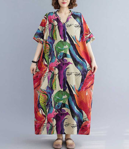 Cotton And Linen Printed Loose Plus Size Simple Vacation Style Long Dress For Women